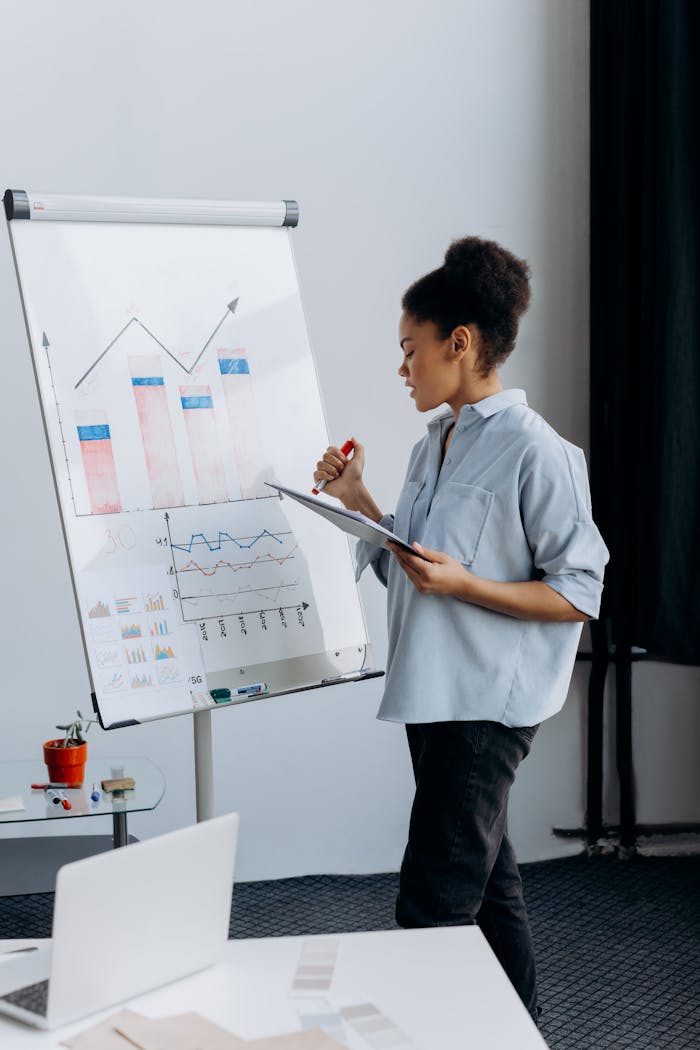 Services Professional businesswoman presenting data analytics on a flipchart in a modern office.