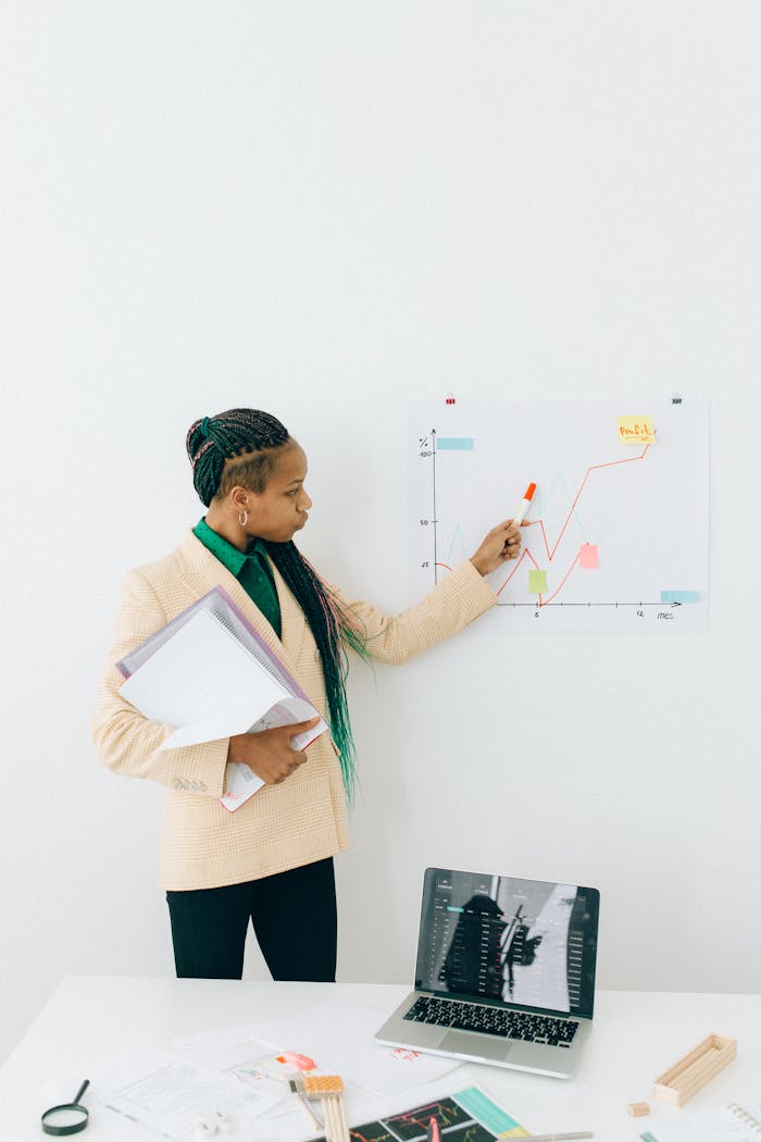 Home Professional woman presenting data analysis in an office environment.