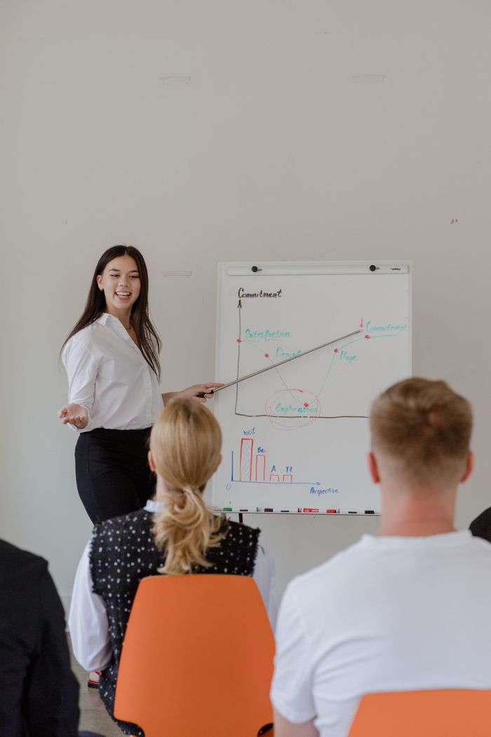 services-01 Professional woman giving a presentation to colleagues in an office using a whiteboard.